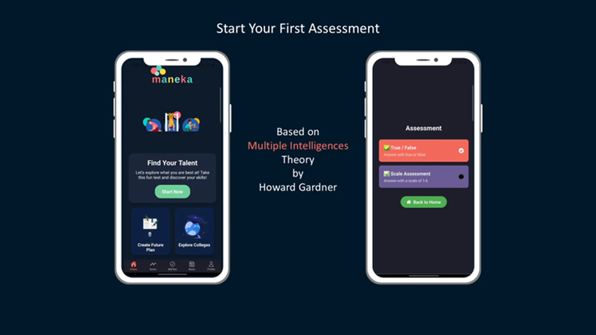 Home screen and the two assessment formats , true/false and a 1–6 scale