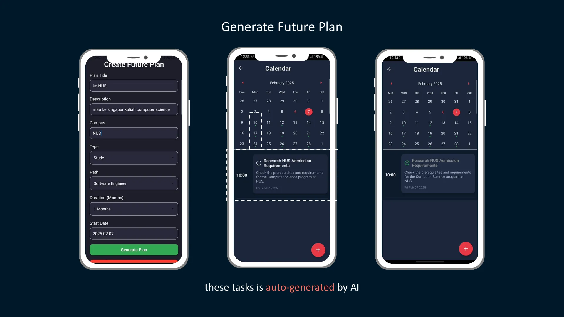 Future plan builder, with the tasks generated onto a calendar by AI