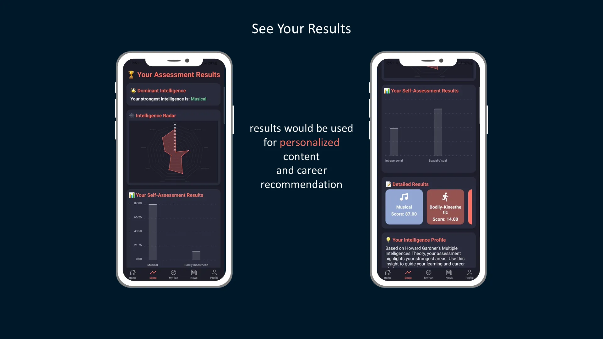 Results: dominant intelligence, radar chart, and detailed per-intelligence scores